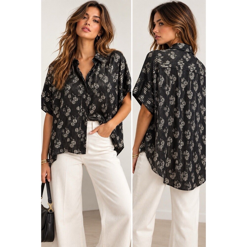 Alice + Olivia Black Metallic Floral Stripe Oversized Button Down Blouse M
